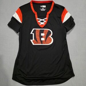 NFL Cincinnati Bengals Womens Medium Lace Up Glitter Logo Jersey Shirt Black M